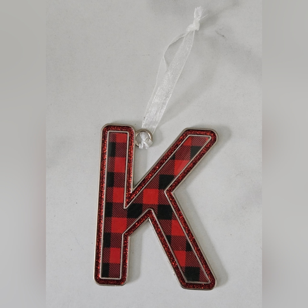 K Monogram Red & Black Buffalo Plaid Metal 3" Ornament